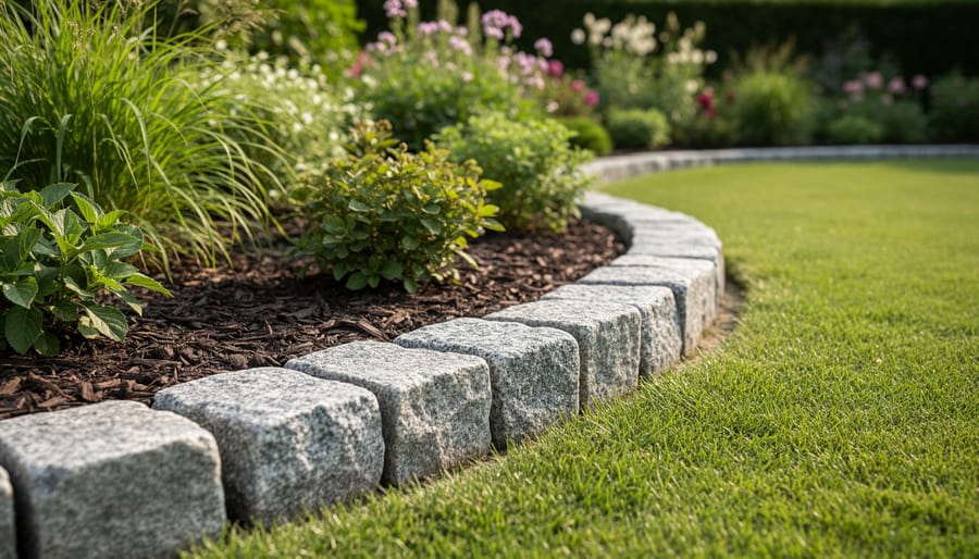 Granite cobblestones used to create a rugged garden border next to plants