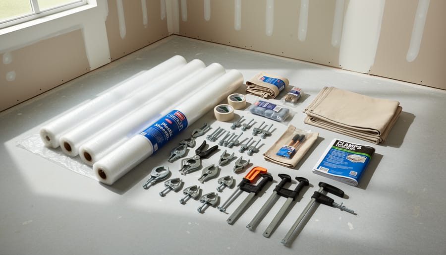 Greenhouse plastic roll and fastening hardware laid out with basic tools for a hoop house build.