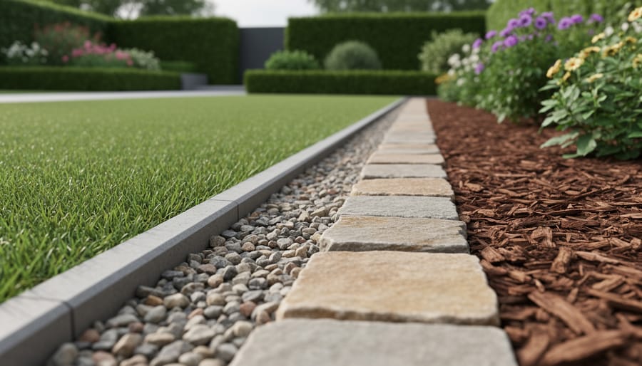 Natural stone and concrete hardscape edging forms a clean boundary between a mulched flower bed and neatly trimmed lawn in a landscaped garden.