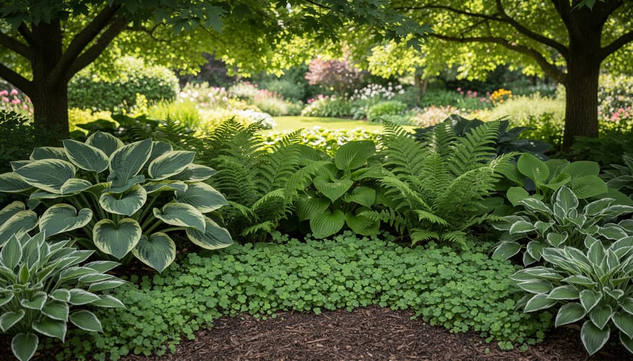 Healthy groundcovers and ferns in dark soil compared with sparse struggling plants in another shady area.