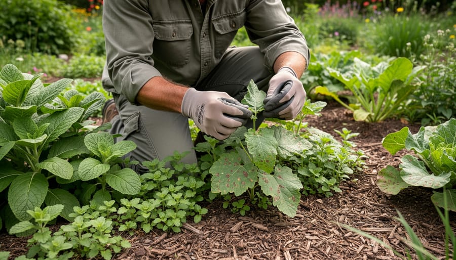 Home gardener inspecting leaves in a shade garden with a magnifying glass and notepad