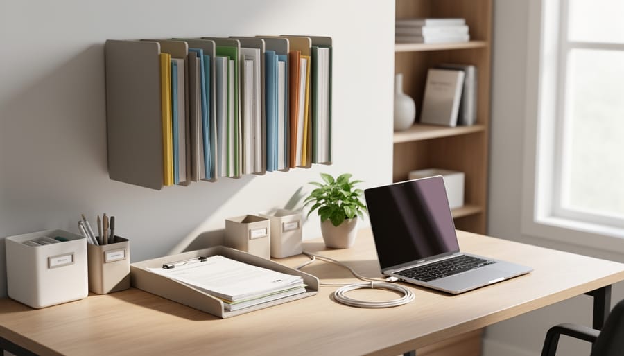 Organized home office desk with vertical storage organizer, document trays, neatly routed charging cables, and neatly arranged office supplies beside a laptop.