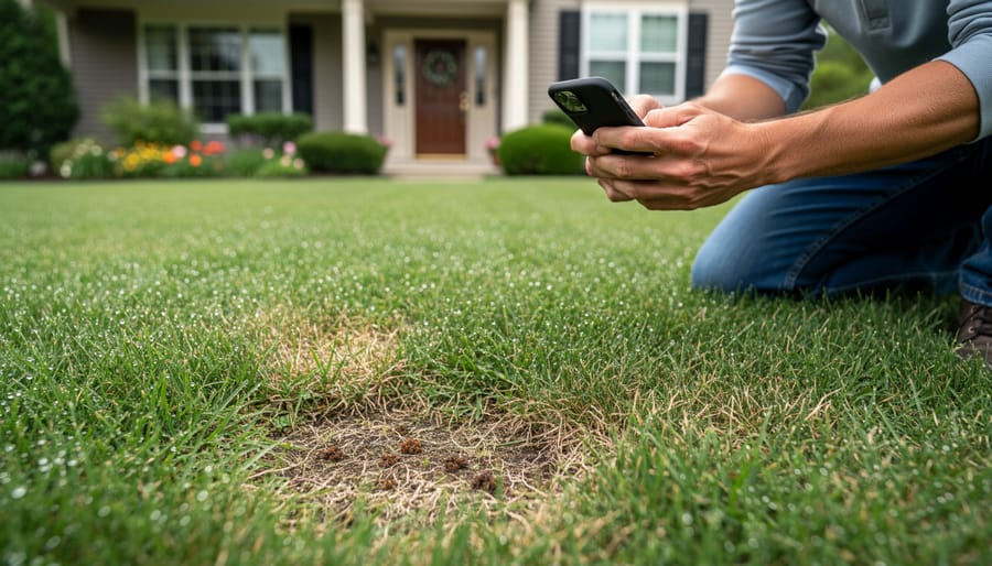Homeowner kneeling in a lawn while photographing unusual grass discoloration on a smartphone