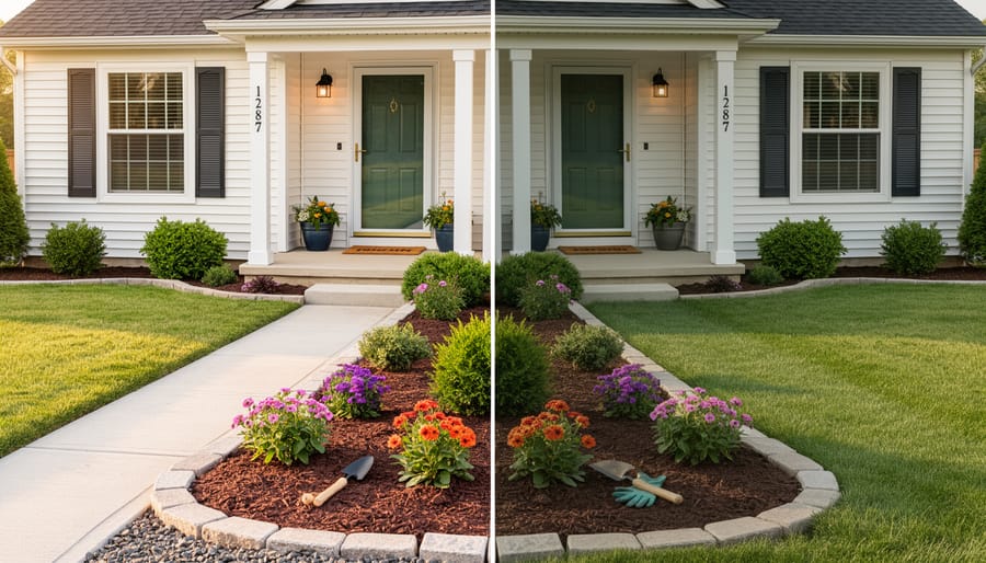Homeowner kneeling in a mulched garden bed while planting small shrubs in a front yard.