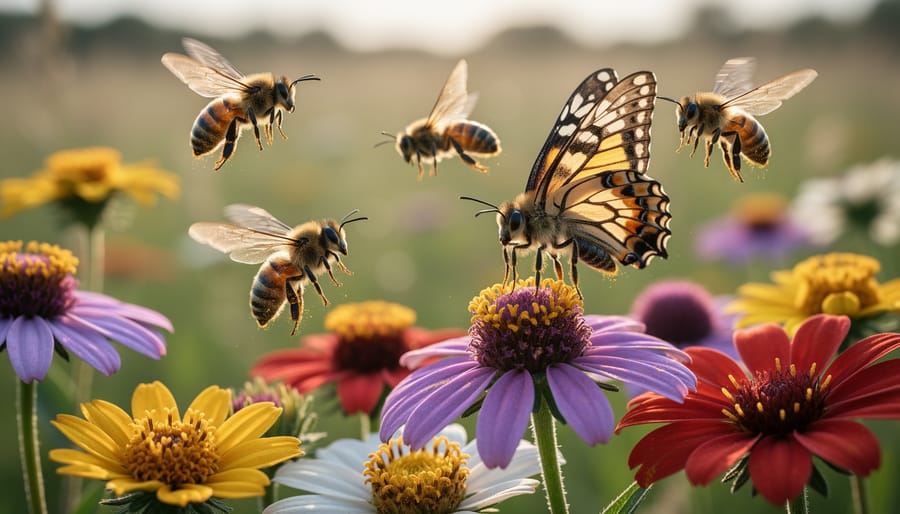 Honeybee and butterfly feeding on native flowers in a garden