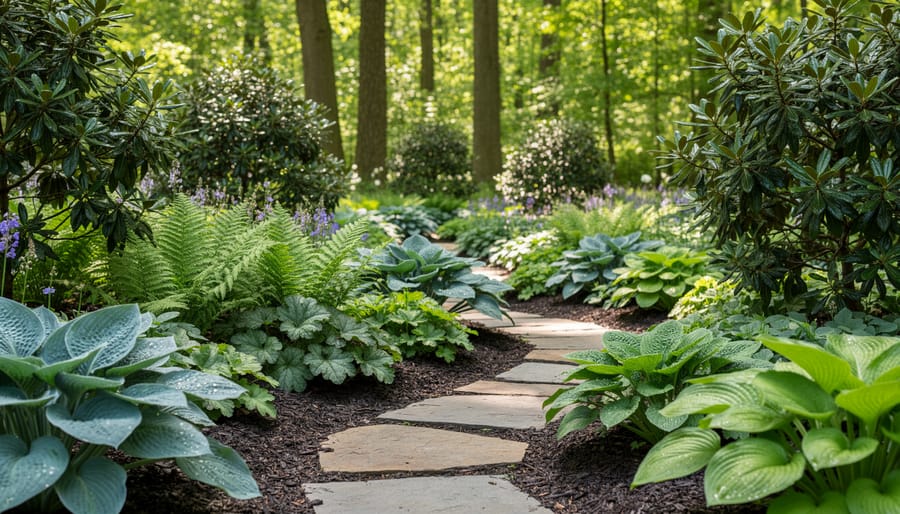 Hostas and other foliage thriving in a mulched shade garden bed beneath tree canopy.