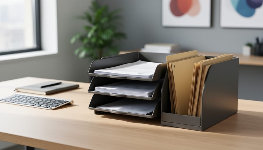 Inbox and outbox paper trays on a home office desk with neatly stacked blank documents