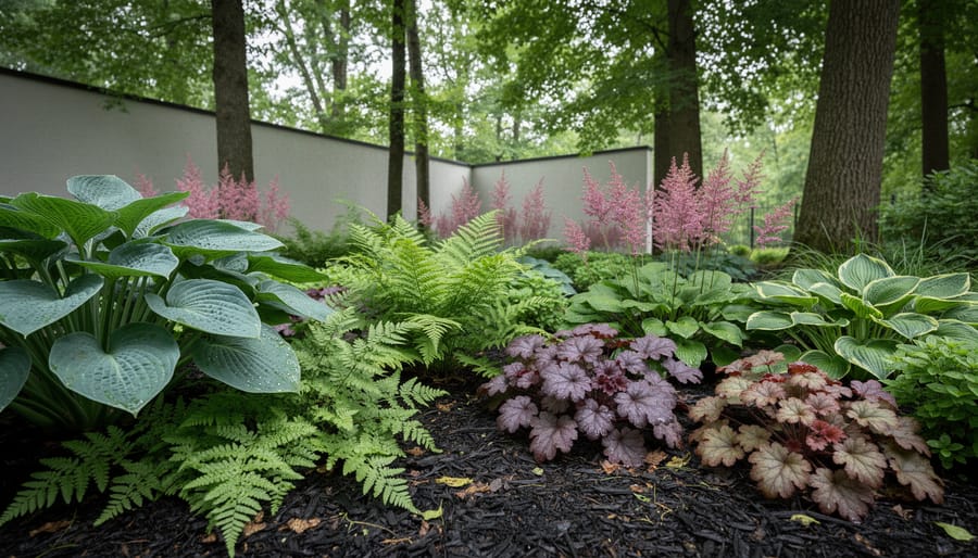 Shade garden bed under tree branches with hostas, ferns, astilbes, and coral bells growing through dark mulch.
