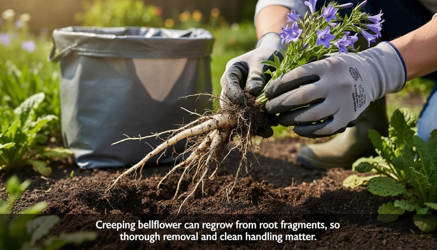 Macro view of creeping bellflower roots with a digging tool in dark moist soil.