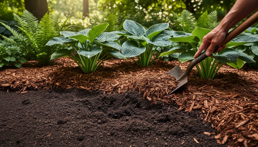 Macro view of dark, healthy soil with organic mulch and fine roots around established shade plants.