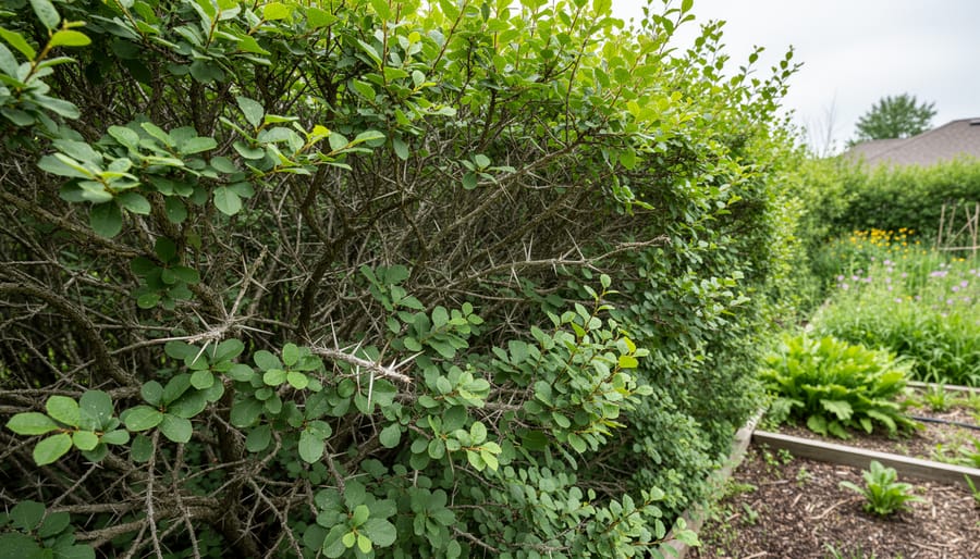 Dense buckthorn shrubs forming a tangled boundary along a Minnesota garden edge, crowding out other plants.