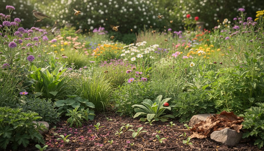 Mixed native flowers, ground cover, and a shallow water dish in a home garden bed