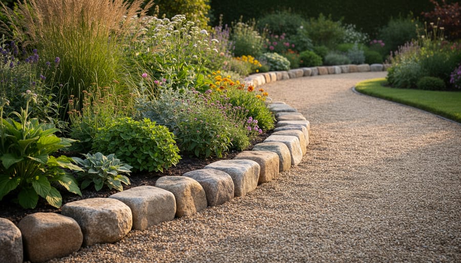 Natural stone edging in a curving garden border using flagstone and fieldstone pieces