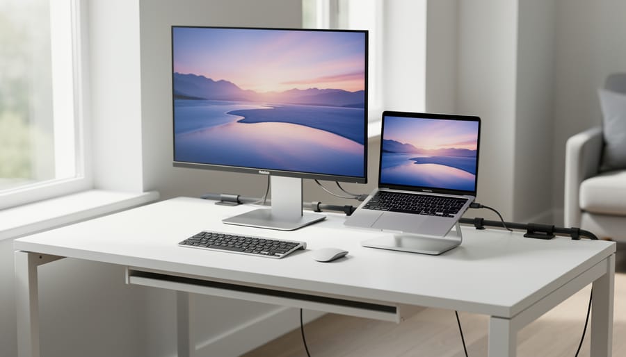 Neatly routed and bundled cables behind a home office desk using cable clips and an under-desk tray