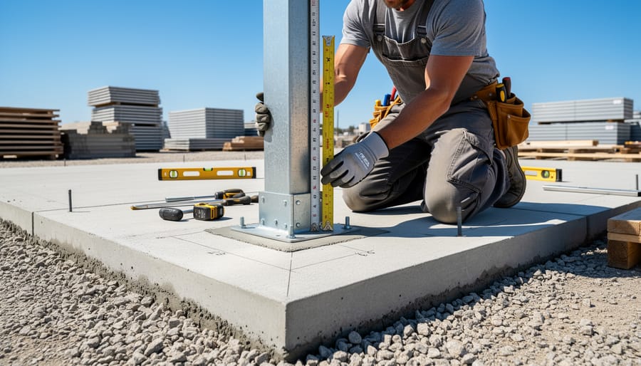 People positioning PVC hoop pipe sections over a leveled garden layout with stakes and string lines on the ground.