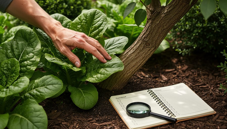 A gardener uses a magnifying glass to inspect healthy garden leaves in a shaded landscape, representing proactive pest management.