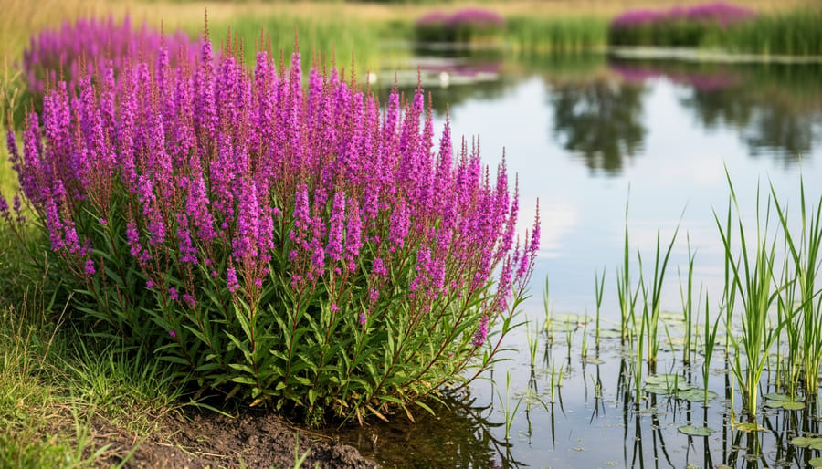 Purple loosestrife flowering near a wetland-edge garden with surrounding grasses and water visible in the background.