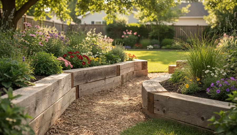 Railroad ties and timber forming a rustic raised garden border