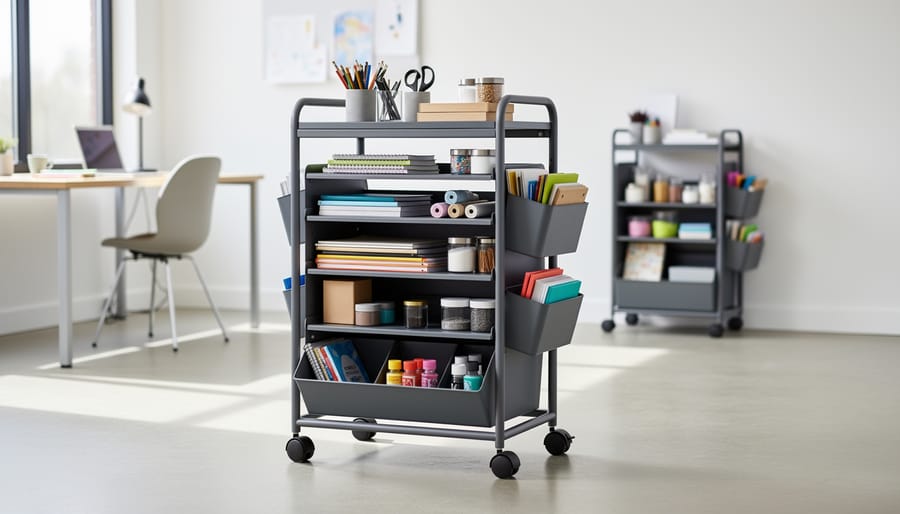 Rolling cart next to a home office desk holding neatly organized office supplies in baskets