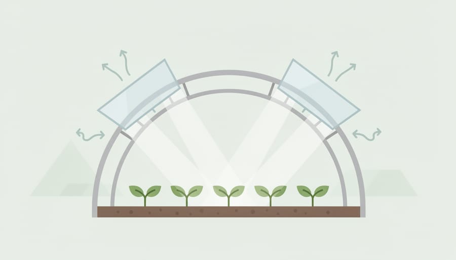 Seedlings growing inside a hoop house with sunlight filtering through clear plastic and a partially opened side for ventilation.