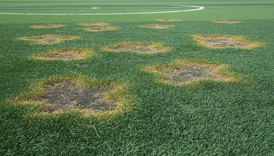 Suburban lawn with irregular brown patches showing unusual discoloration on grass blades