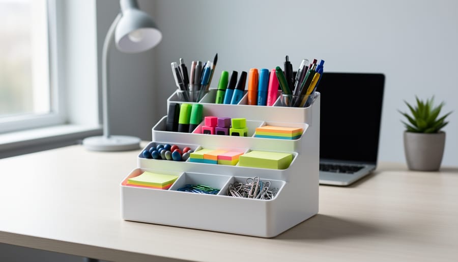 Tiered desktop organizer on a home office desk holding pens, notes, and paper supplies in separate compartments