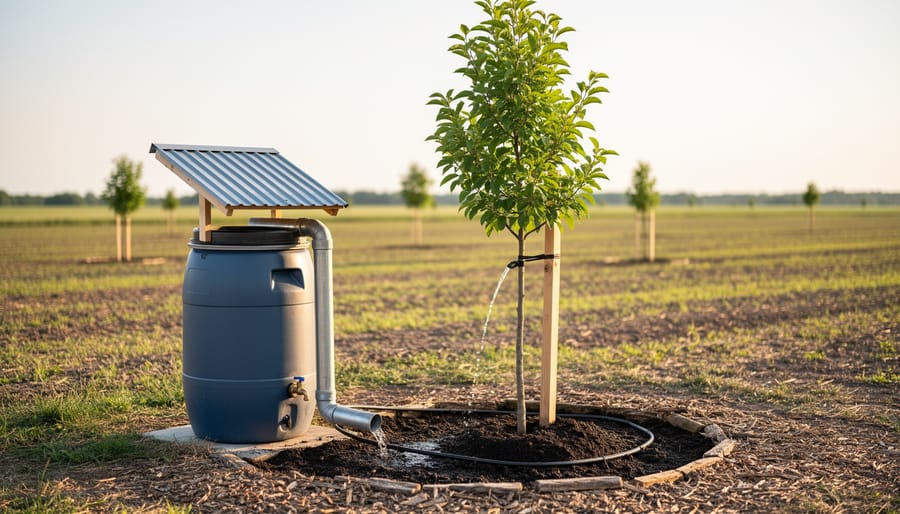 Volunteer installing a young tree in a mulched area with water conservation elements nearby.