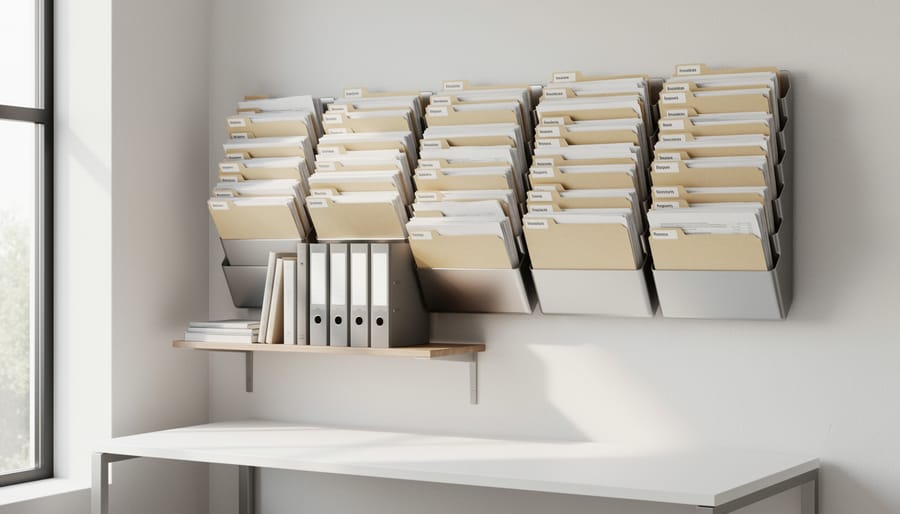 Wall-mounted vertical file organizer with hanging folders neatly arranged in a home office