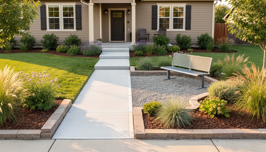 Wide view of a suburban yard featuring a gravel pathway and simple bed of flowering plants with stone edging.