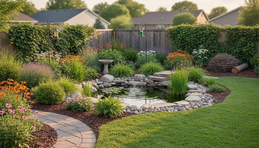 Wildflower meadow and native shrubs in a residential yard with a birdbath, showing a wildlife-friendly garden setting.