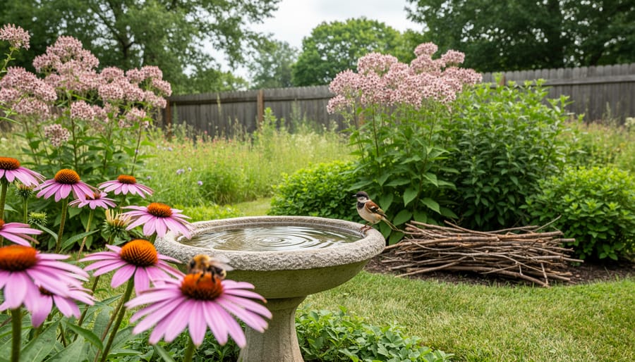 Native coneflowers and milkweed in a backyard garden with a shallow birdbath, a bee on a flower, and a small bird perched near a brush pile.