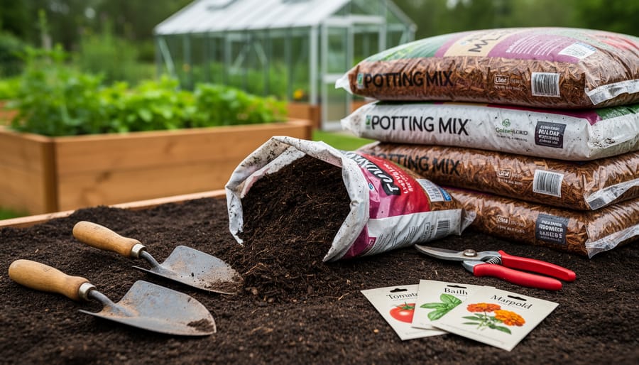 Gardening supplies for procurement, including compost, mulch bags, potting mix, seed packets, and hand tools on garden soil in daylight