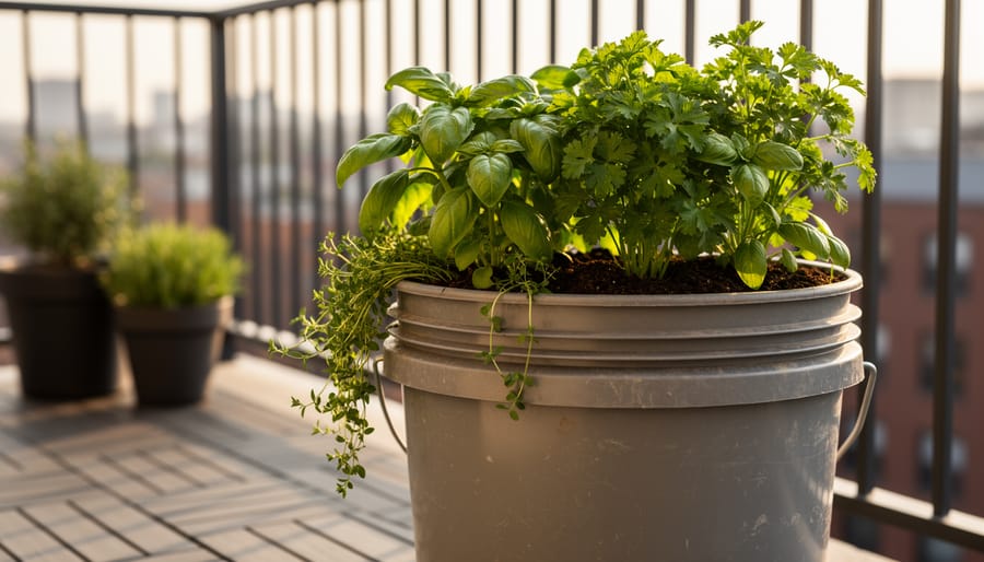 A 5-gallon bucket herb garden on a balcony with basil and parsley seedlings growing in dark potting mix.