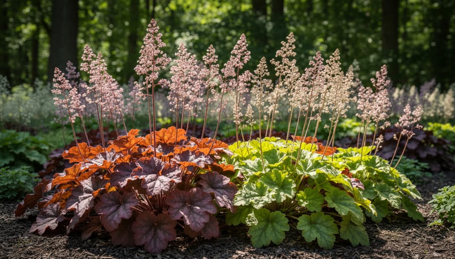 Alumroot showing richly colored leaves and subtle flower wands in partial shade.