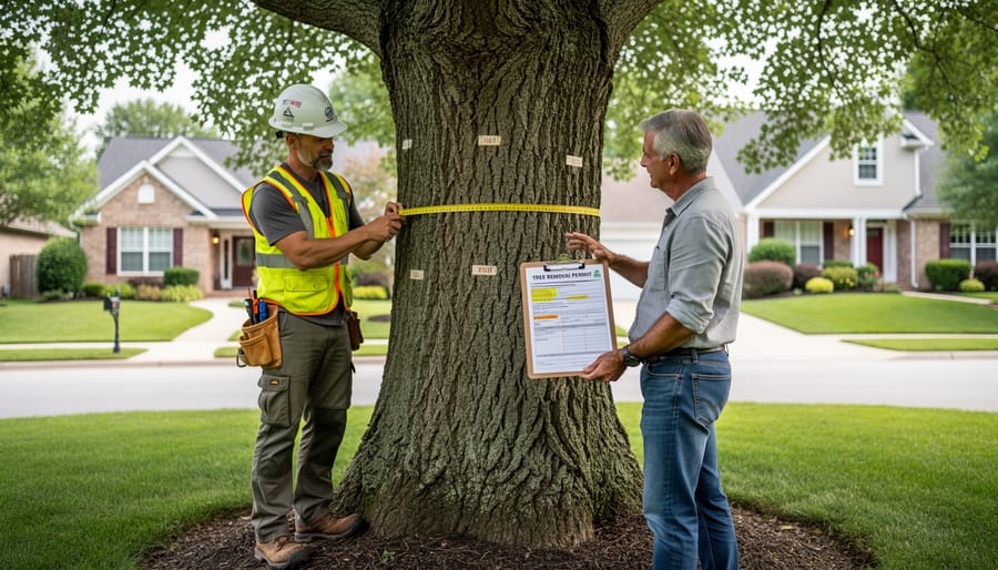 Homeowner and arborist inspecting a large tree trunk in a residential yard