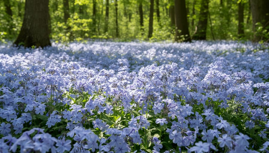 Blue phlox flowers covering shaded woodland ground with green foliage.