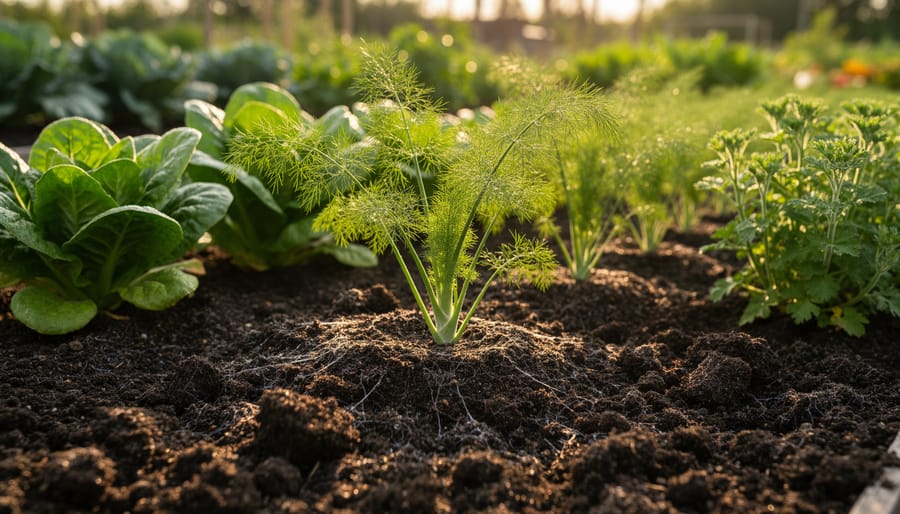 Gardener’s hands adding compost to dark soil in a prepared garden bed