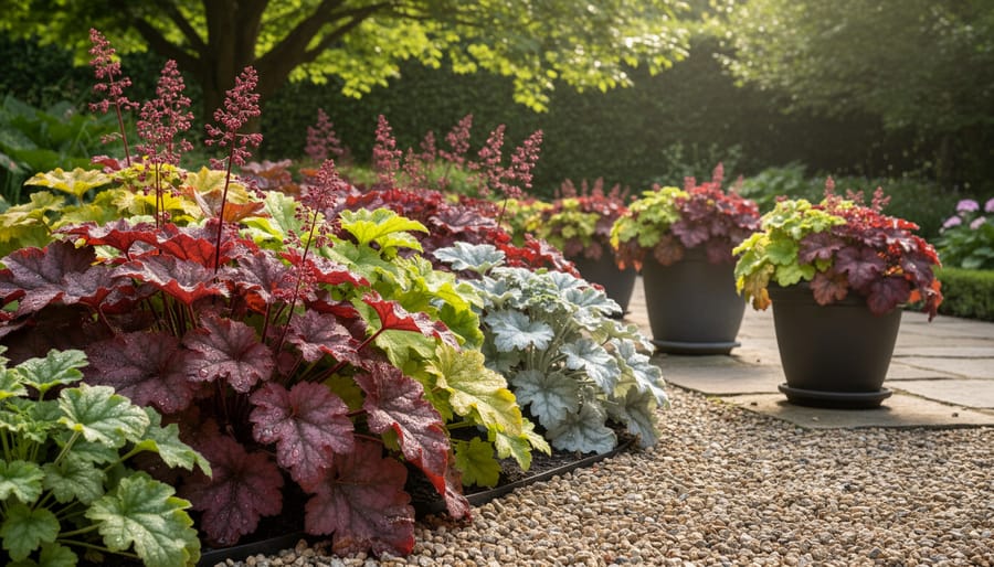 Coral bells plants with colorful foliage growing in a shaded garden border.