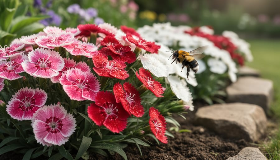 Pink dianthus flowers with a bumblebee hovering near the open blooms in a cottage garden border.