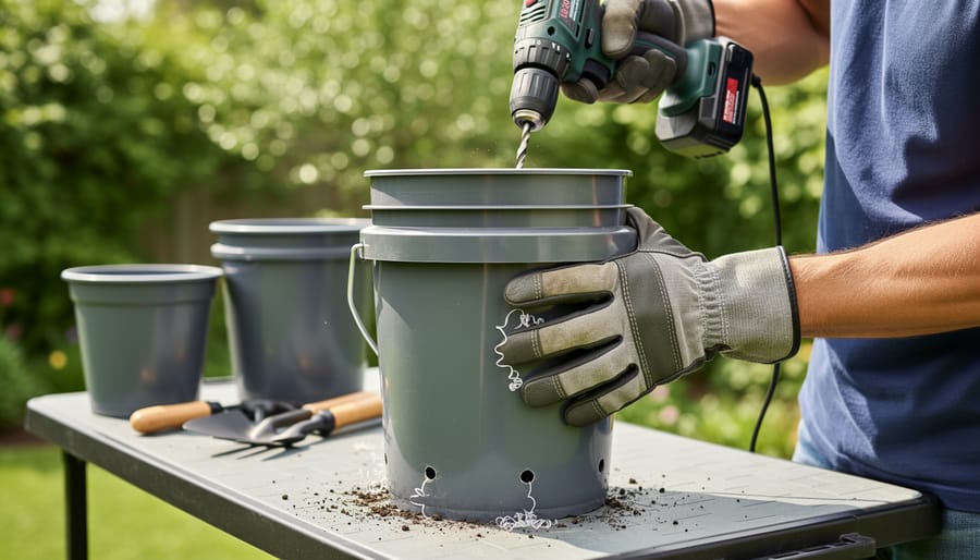Person drilling drainage holes into the bottom of a food-grade 5-gallon bucket for an herb garden.