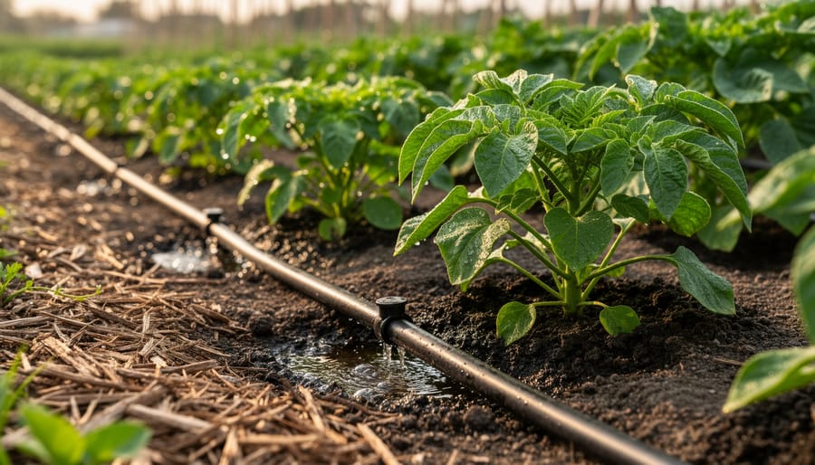 Close-up of drip irrigation emitters releasing water into mulched soil under plants