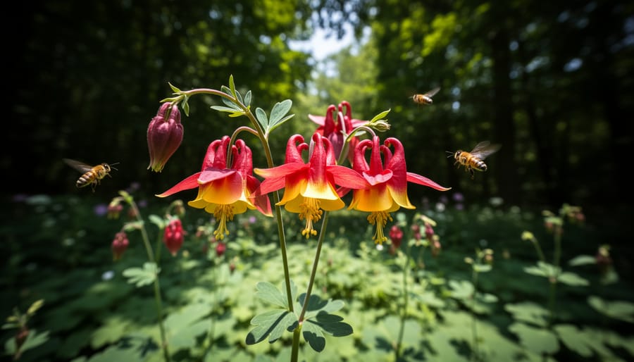 Eastern columbine with red and yellow nodding flowers in a shaded garden.