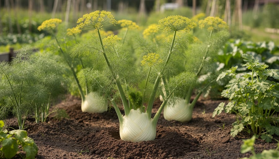 Fennel plants growing in dark, healthy soil with nearby dill and coriander in a sunny garden bed.
