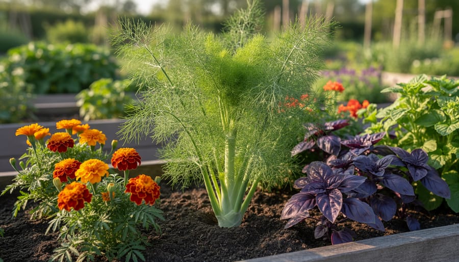 Fennel plants with feathery fronds and yellow flowers growing in a sunny garden bed alongside other herbs