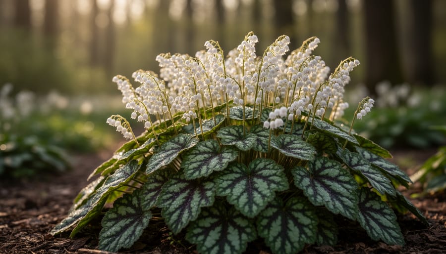 Foamflower plant with white foamy flower spikes and mottled leaves in a shaded woodland garden.