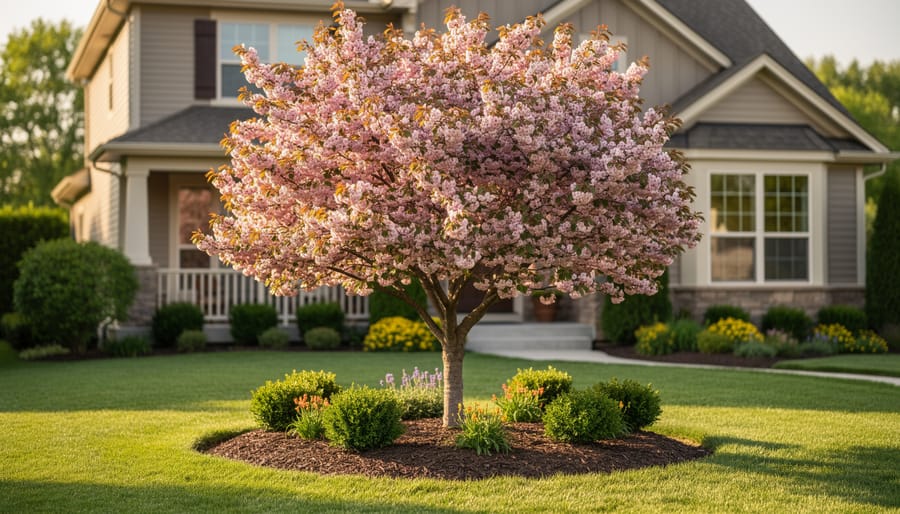 Front yard with a blooming ornamental dogwood tree serving as a focal point among garden beds and a green lawn.