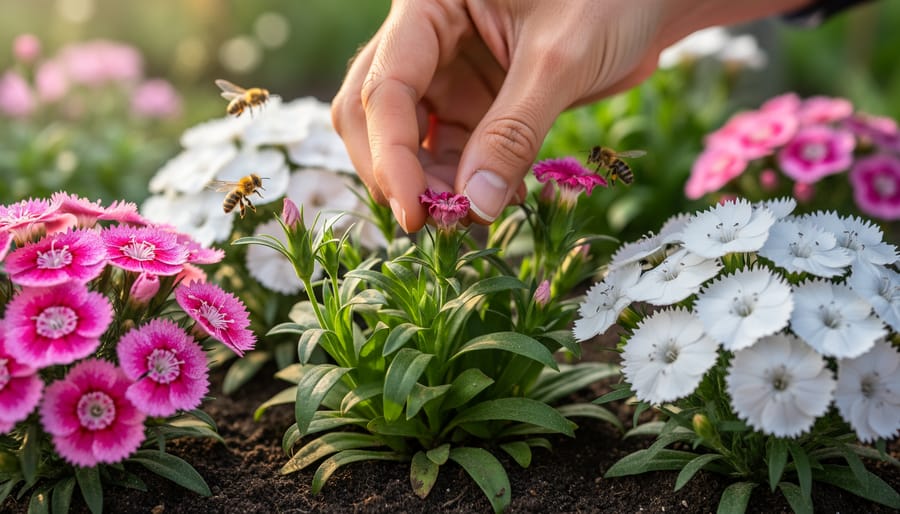 Gardener deadheading dianthus flowers with gloved hands in a garden
