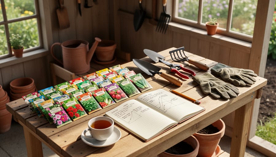 Gardener’s hands comparing seed packets on a wooden workbench with a notebook and calculator nearby