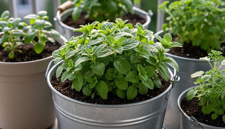 Close-up of fresh green basil and thyme growing in potting mix inside a 5-gallon bucket herb garden.