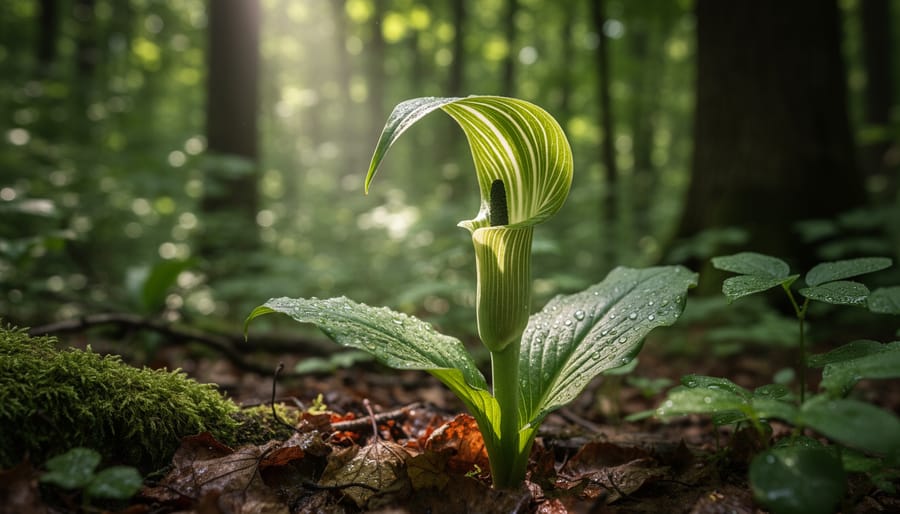 Jack-in-the-pulpit plant with hooded flower emerging from shaded forest floor.